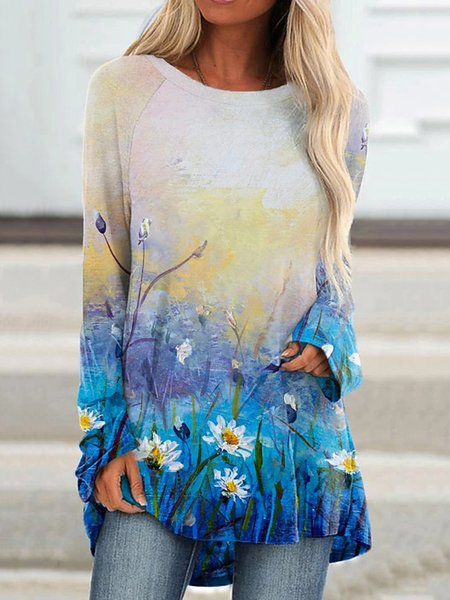 

Blu Stampata Floreale Maniche Lunghe Girocollo Casuale Top, Blouses & Shirts