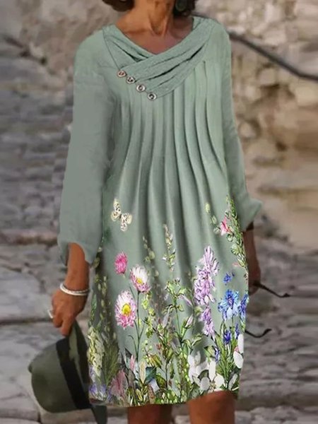 

verde Stampata Floreale Casuale Vintage Maniche Lunghe Collo ad anello Abito, Midi Dresses