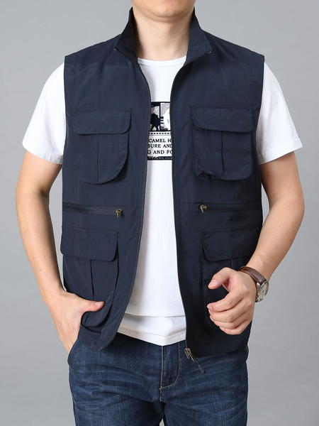 

Stand Collar Cotton Vests, Dark_blue, Outerwear