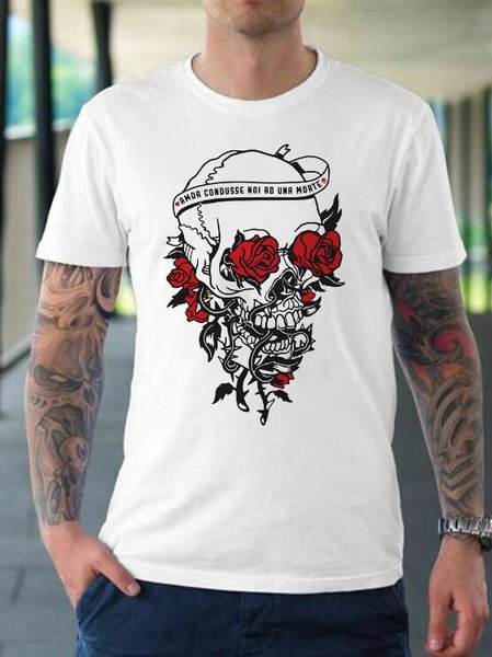 

Punk Skull Print Men's Round Neck Short Sleeve T-shirt, White, T-shirts