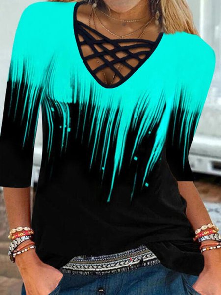 

Vintage Gradient Cutout V Neck 3/4 Sleeve Plus Size Casual Tops, Black, T-Shirts