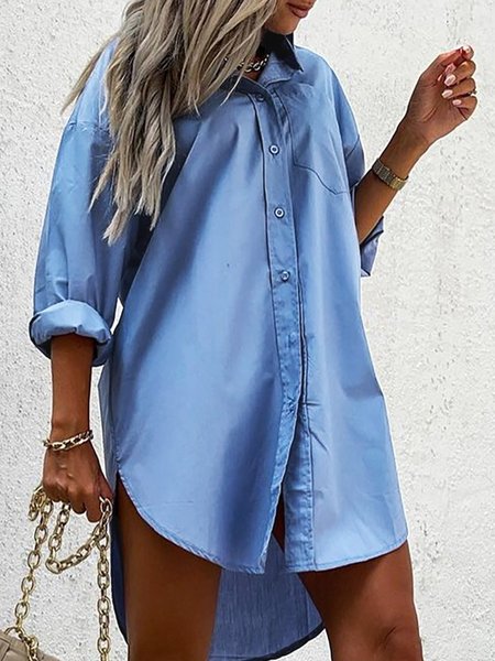 

Shift Long Sleeve Plain Dresses, Blue, Mini Dresses