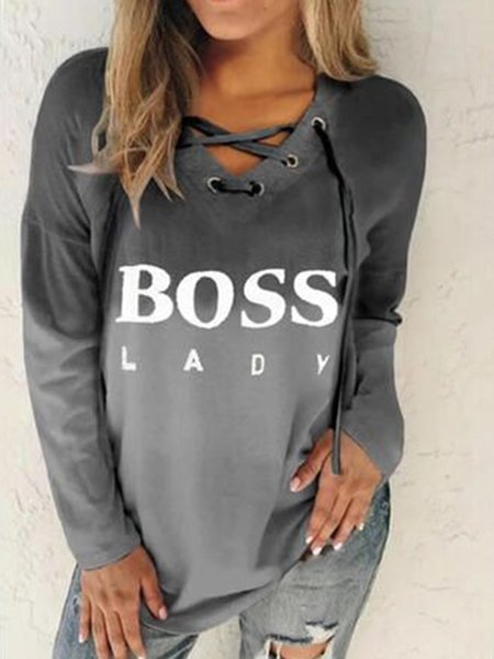 

Black Casual Letters Ombre/Tie-Dye Printed Lace-up V Neck Shift Long Sleeve Shirts & Tops, Blouses & Shirts
