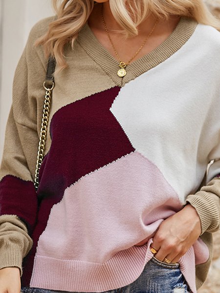 

New Vintage loose V-neck warm and comfortable geometric color block sweater, Wine red, Sweaters