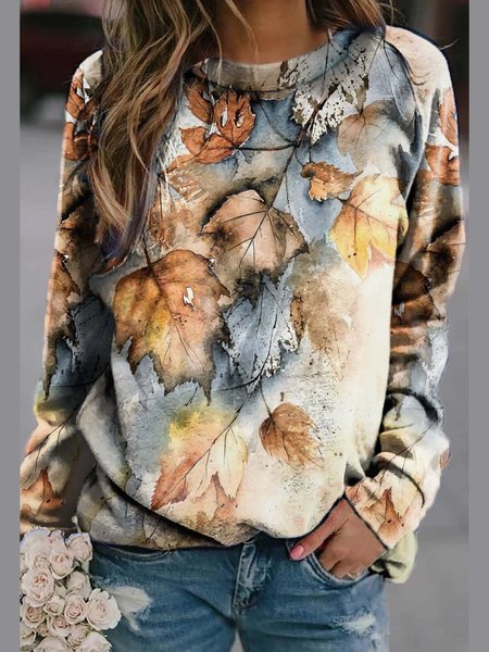 

Vintage Leaf Print Lady's Crew Neck Pullover, As picture, Hoodies&Sweatshirts
