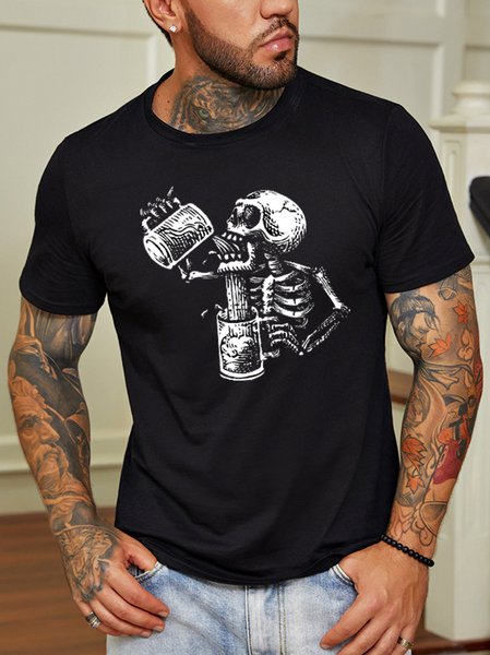 

Casual and simple skull print round neck short-sleeved cotton T-shirt, Black, T-shirts