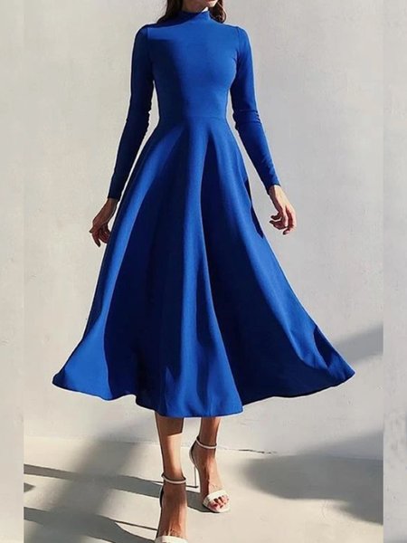 

Long Sleeve A-Line Elegant Dresses, Blue, Midi Dresses