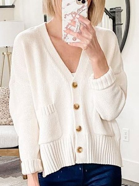 

Long Sleeve Casual V Neck Acrylic Outerwear, White, Cardigans