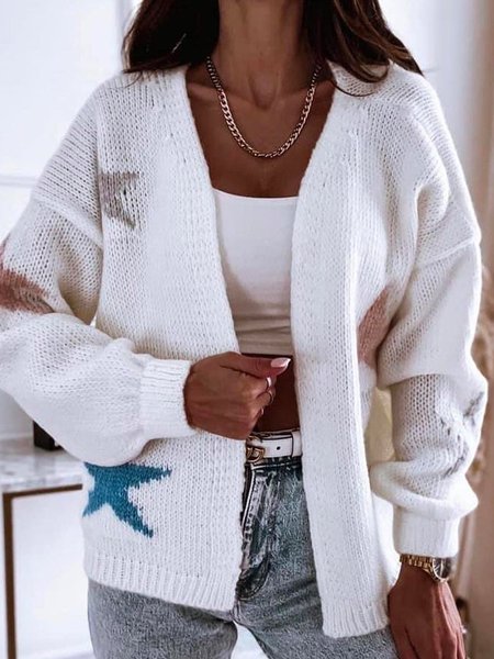 

Cotton V Neck Long Sleeve Casual Outerwear, White, Coats & Jackets