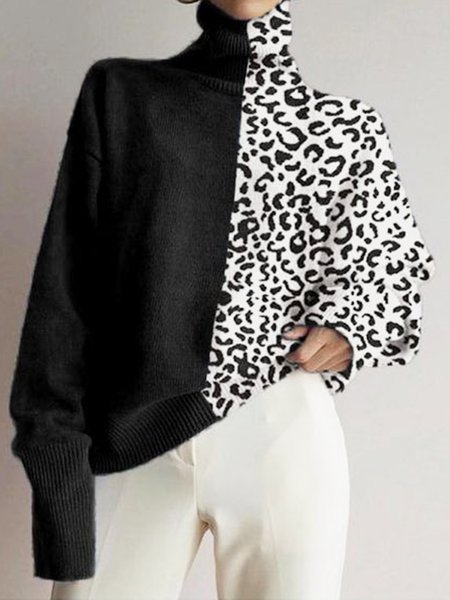 

Leopard Casual Long Sleeve Shift Sweater, Black, Pullovers
