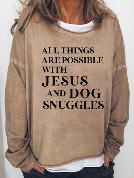 

All Things Are Possible with Jesus Women‘s Crew Neck Long Sleeve Sweatshirt, Light brown, Hoodies&Sweatshirts
