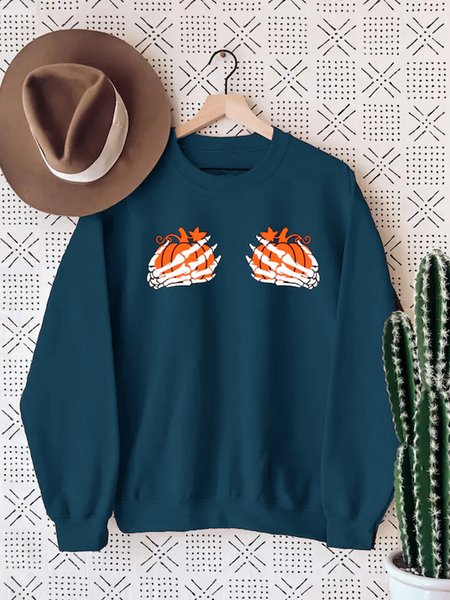

Pumkin Skeleton Halloween Long Sleeve Cotton-Blend Shift Sweatshirt, Blue, Hoodies&Sweatshirts