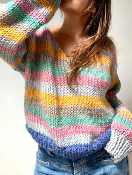 

Scollo a V Casuale a Righe Maglione, Multicolore, Sweater