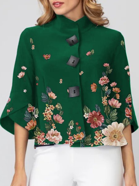 

Elegant Floral 3/4 Sleeve Outerwear, Green, Blazers