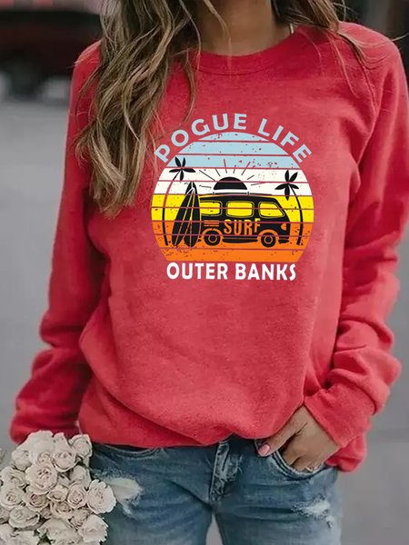 

Pogue Life Outer Banks Women's Long Sleeve Crew Neck Shift Sweatshirt, Red, Hoodies&Sweatshirts