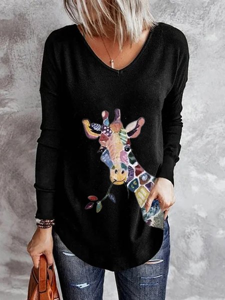 

Maniche Lunghe Misto Cotone Casuale Camicie & Top, Nero, Tops