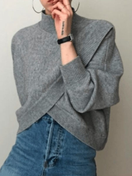 

Fall A-line Long Sleeve Cross Casual Turtleneck Daily Sweater, Gray, Pullovers