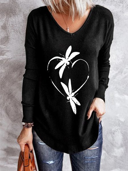 

Long Sleeve Printed V Neck Simple Shirts & Tops, Black, Blouses & Shirts