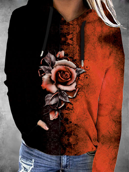 

New printed rose loose hooded sweater for women, Orange, Hoodies & Sweatshirts