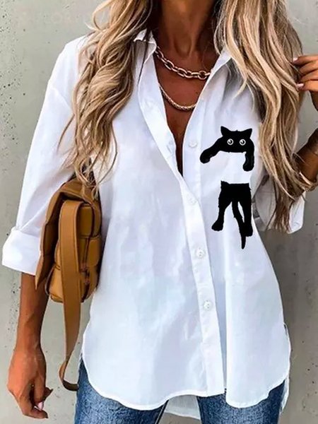 

Animale Misto Cotone Maniche Lunghe Top, Bianco, Blouses & Shirts