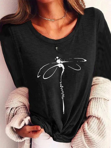 

Vintage Libellula Stampato Maniche Lunghe Scollo a V Casuale Top, Nero, T-Shirts