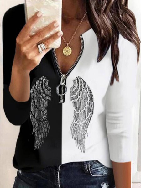

Stampato Floreale Maniche Lunghe Colletto Rialzato Top, Nero-bianco, T-Shirts