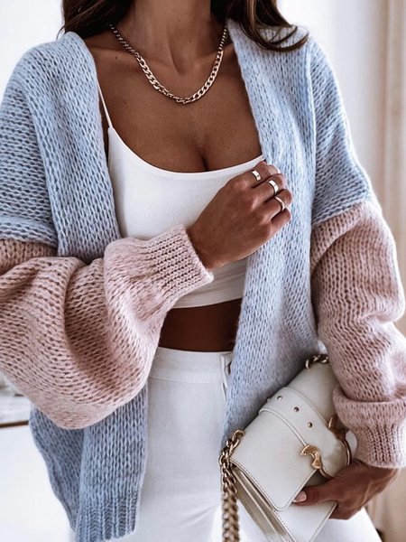 

Shift Color-Block Casual Acrylic Sweater coat, Blue, Cardigans