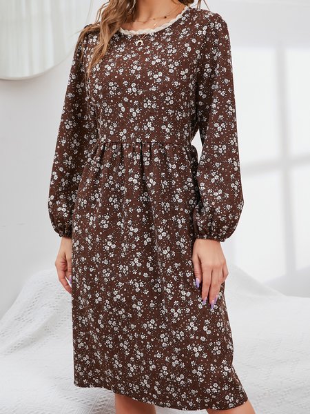 

Lace round neck floral Long Sleeve Dress, Coffee, Casual Dresses