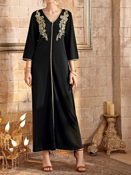 

Casuale A-line Maniche Lunghe Abito, Nero, Maxi Dresses