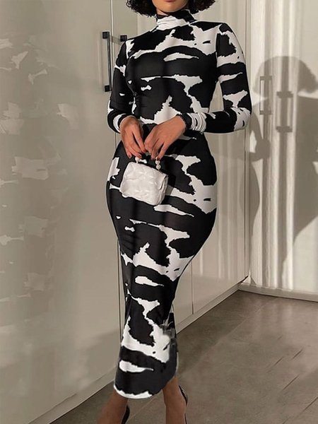 

Printed Sheath Long Sleeve Dress, Black-white, Maxi Dresses