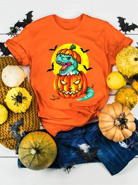 

Halloween Pumpkin Dinosaur Graphic Short Sleeve Shirts & Tops, Orange, T-shirts