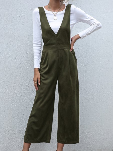 

Women's new V-neck solid high waist strap Jumpsuit, Army green, Suit Set