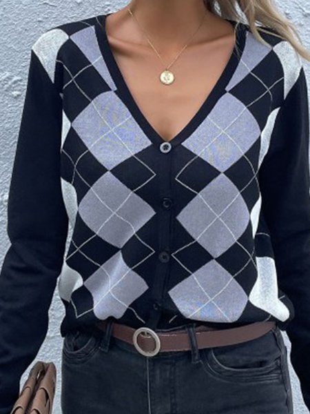 

New Long Sleeve Plaid V-neck cardigan knitted sweater coat women, Black, Cardigans