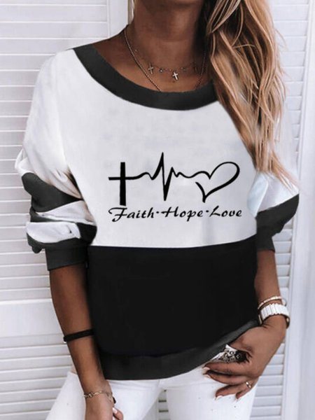 

Round Neck Long Sleeve Printed Cotton-Blend Tops, As picture, Blouses & Shirts