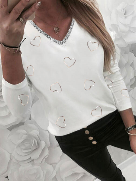 

V neck Printed Long Sleeve Casual Shirts & Tops, White, T-Shirts