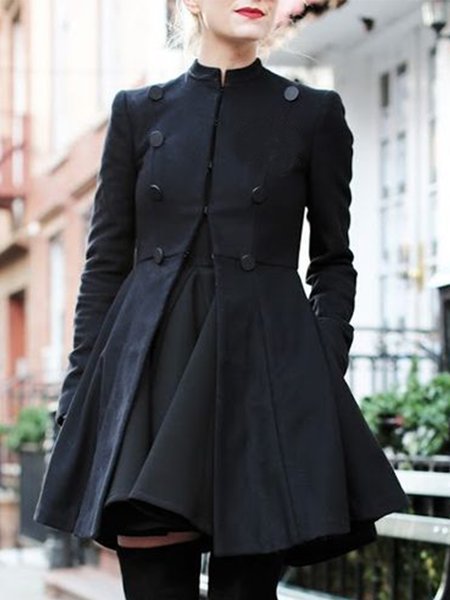 

Stand Collar Work Solid Long Sleeve Blazer, Black, Blazers