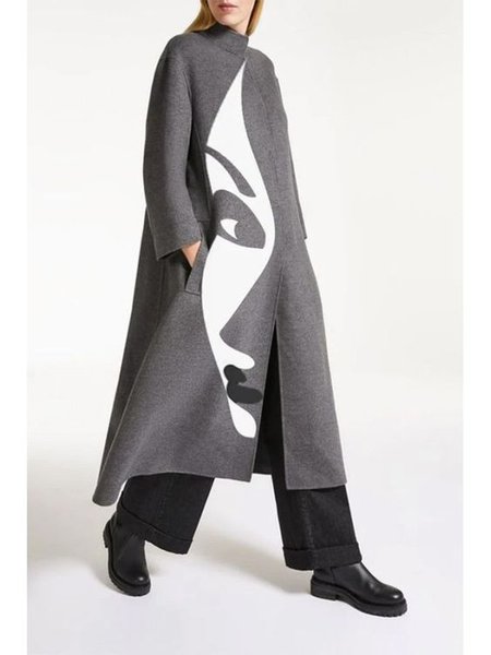 

Shift Printed Stand Collar Long Sleeve Outerwear, Gray, Coats