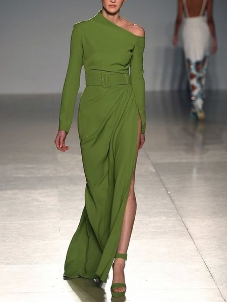 

Vintage Solido Maniche Lunghe Abito, Verde, Dresses