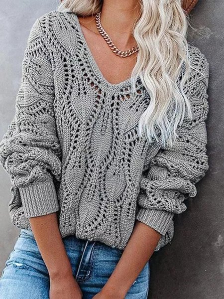 

V Neck Acrylic Long Sleeve Boho Sweater, Gray, Sweaters & Cardigans