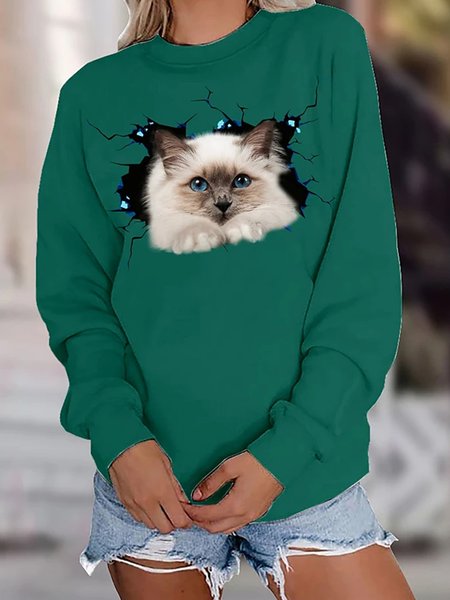 Casual Long Sleeve Printed Sweatshirt, Green, Hoodies & Sweatshirts