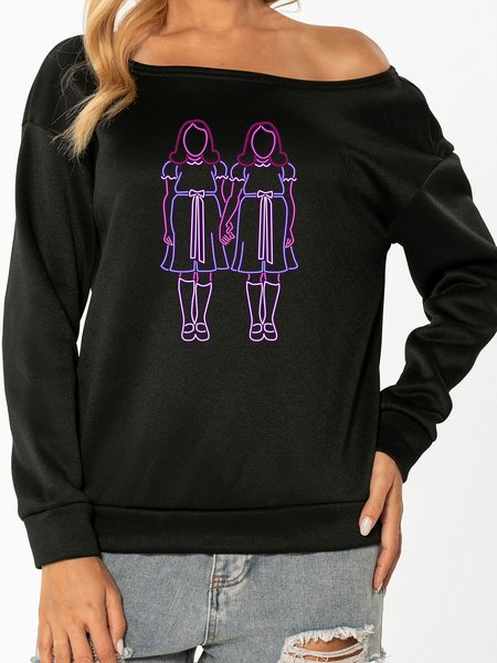 

Casual character print round neck long-sleeved polyester cotton sweatshirt, Black, Sweatshirts