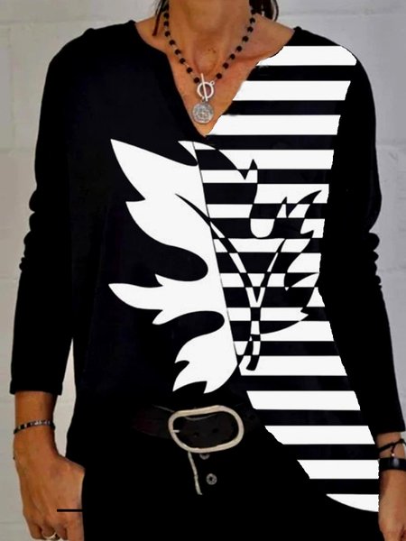 Long Sleeve V Neck Cotton-Blend Shirts & Tops, As picture, Tees & T-shirts