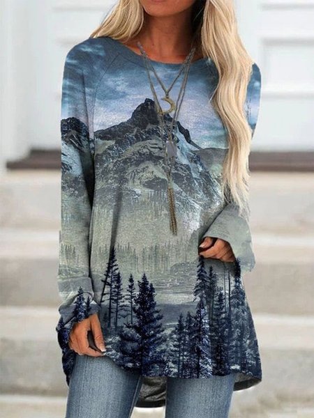 

Floral-Print Shift Crew Neck Boho Shirts & Tops, Blue, Long sleeve tops