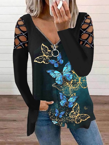 

Farfalla Strass Taglio Fuori Scollo a V Dritto Vintage Camicie & Top, Blu-2, Blouses & Shirts
