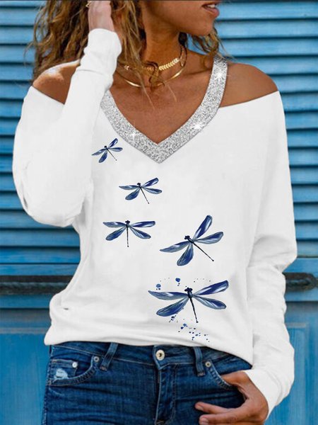 

Vintage Long Sleeve Dragonfly Printed V Neck Plus Size Casual Tops, White, T-Shirts