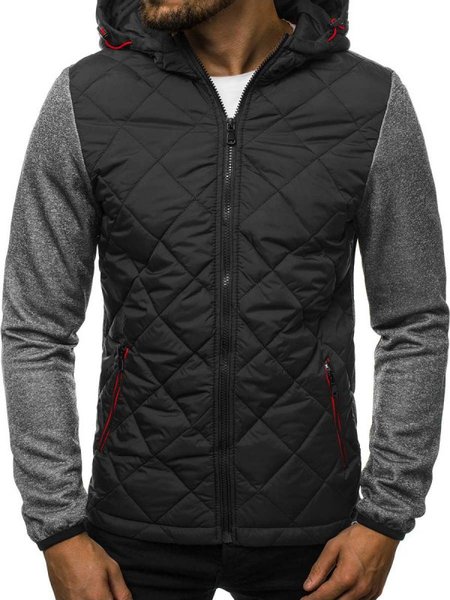 

Casual Full Zipper Hoodie Long-sleeved Colorblock Plaid Sweatshirts, Deep gray, Jackets & Coats