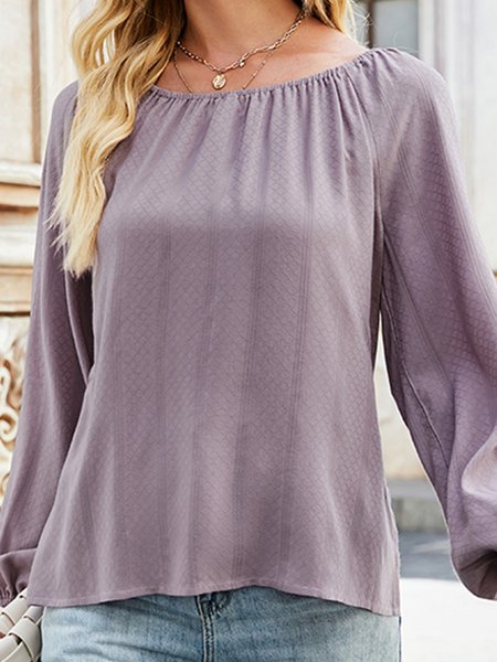 

Fashion temperament wear a line neck off shoulder long sleeved shirt women's loose bubble top thin solid color bottomed shirt, Purple, Long sleeve tops