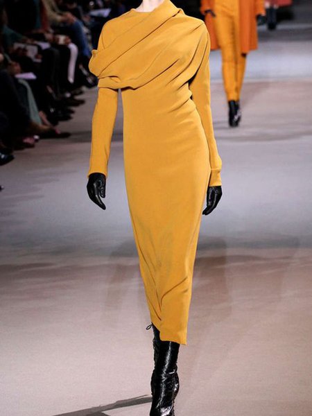 

Lavoro Maniche Lunghe Collo ad anello Abito, Giallo, Dresses
