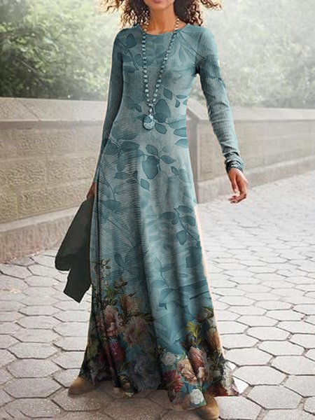 

Long Sleeve Crew Neck Casual Dresses, Blue, Maxi Dresses