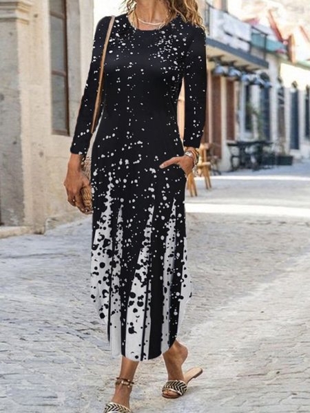 

Nero Stampato Maniche Lunghe Girocollo Gonna Casuale, Maxi Dresses